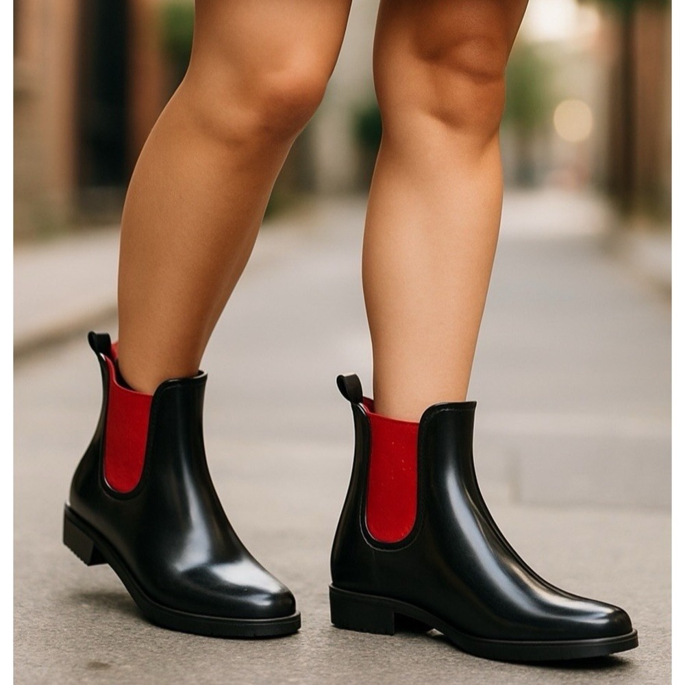 Ralph Lauren Tally-Bo-Rai Black & Red Rain Boots W/Elastic Ankle Patch Size 5B